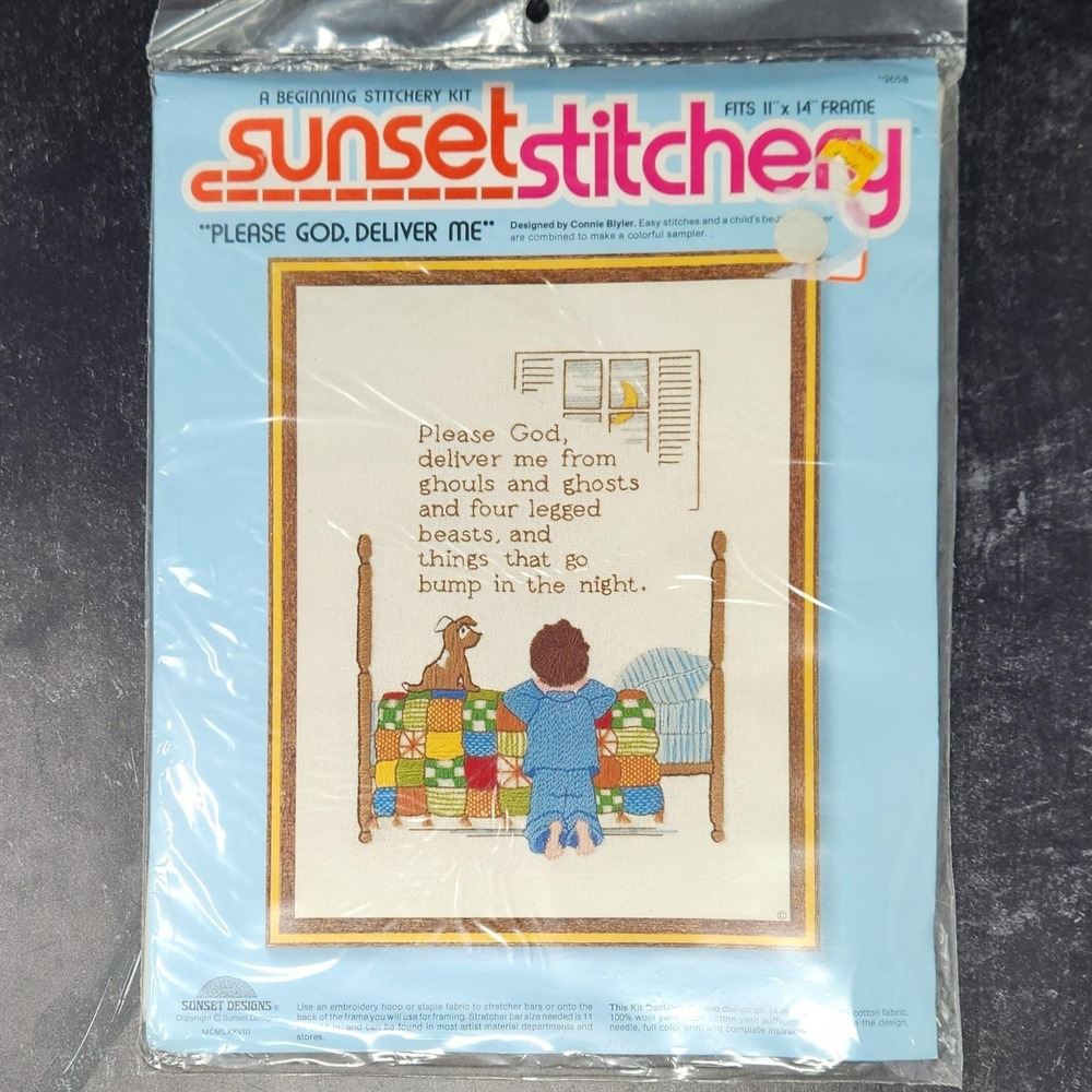 Sunset Stitchery CREWEL Kit Vintage Please God Deliver Me from GHOULS and GHOSTS